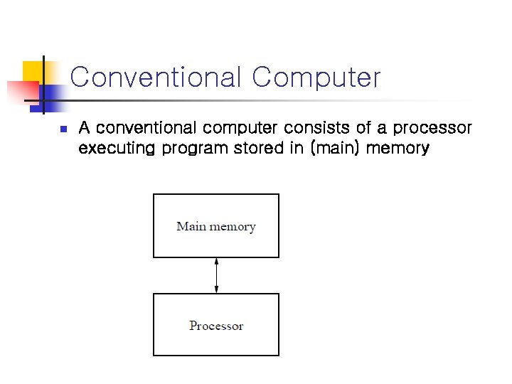 Conventional Computer n A conventional computer consists of a processor executing program stored in