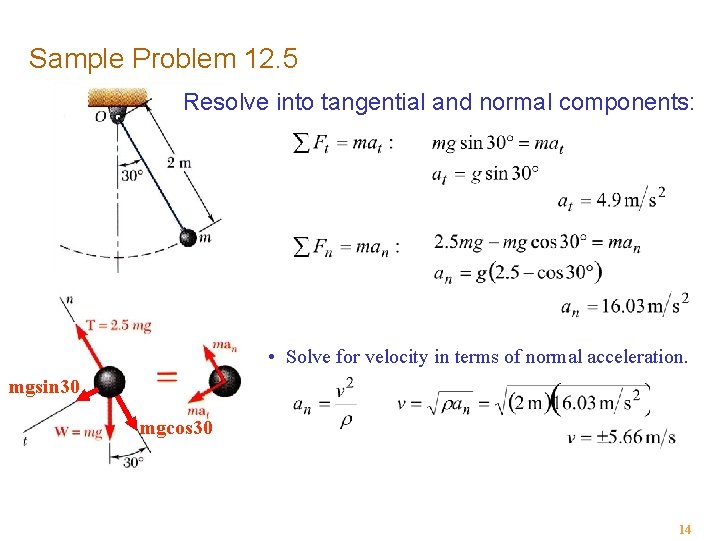 Sample Problem 12. 5 Resolve into tangential and normal components: • Solve for velocity