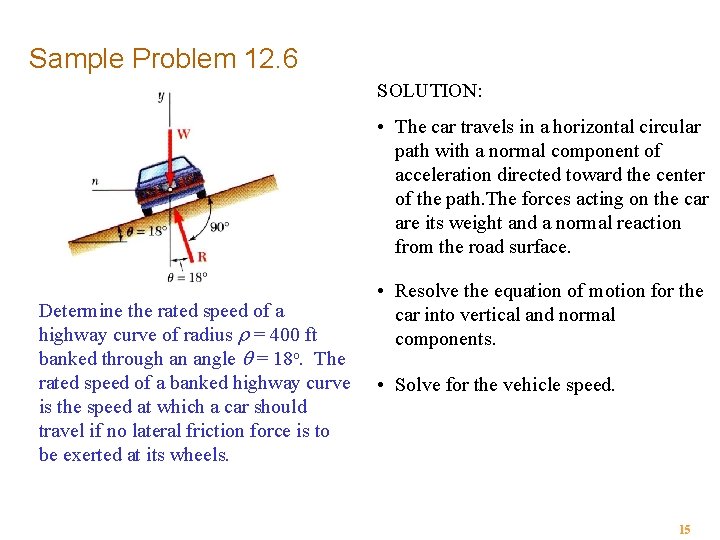 Sample Problem 12. 6 SOLUTION: • The car travels in a horizontal circular path