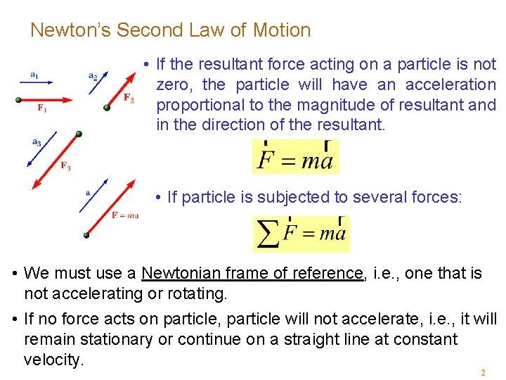 Newton’s Second Law of Motion • If the resultant force acting on a particle