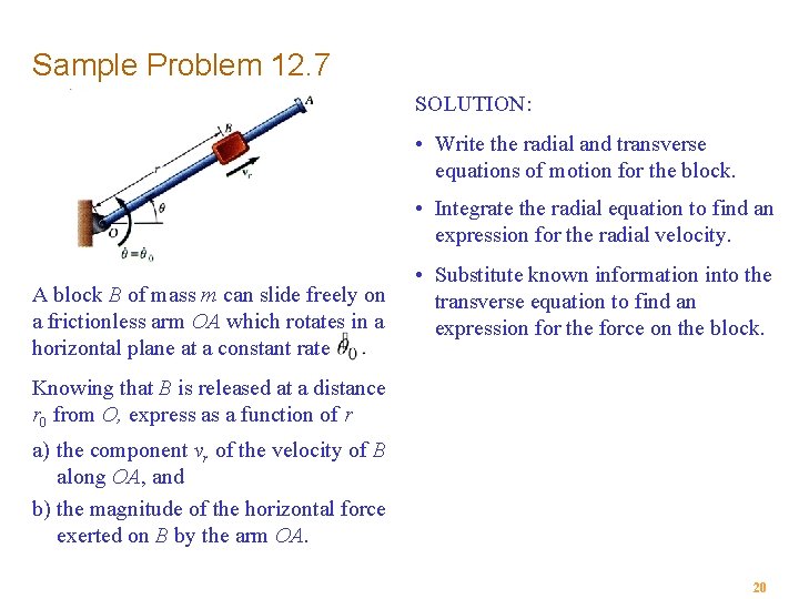 Sample Problem 12. 7 SOLUTION: • Write the radial and transverse equations of motion
