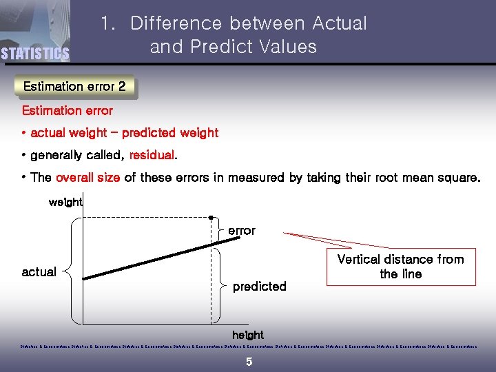 STATISTICS 1. Difference between Actual and Predict Values Estimation error 2 Estimation error •