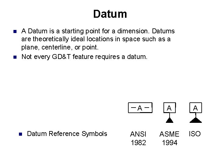 Datum n n A Datum is a starting point for a dimension. Datums are Datum n n A Datum is a starting point for a dimension. Datums are