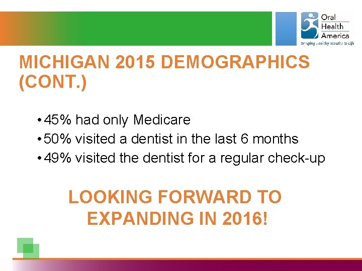 MICHIGAN 2015 DEMOGRAPHICS (CONT. ) • 45% had only Medicare • 50% visited a