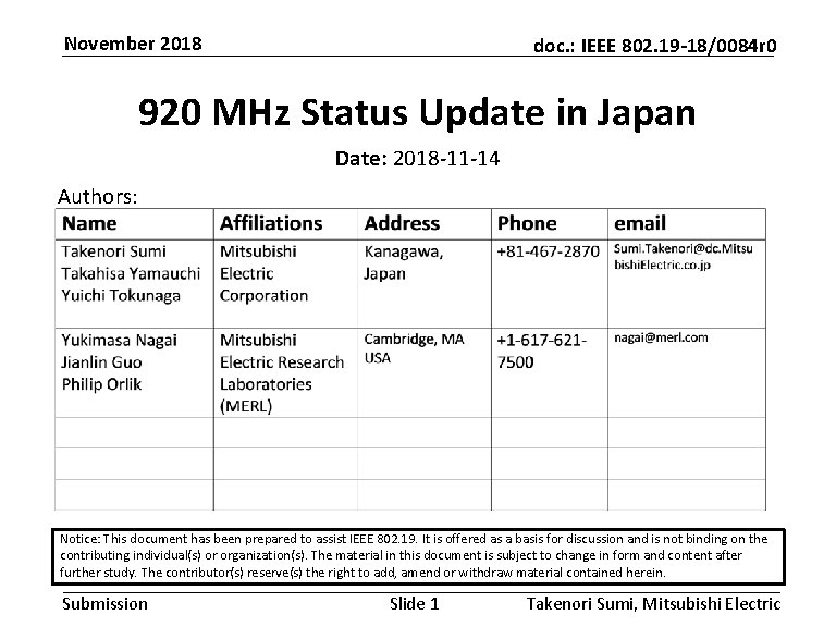 November 2018 doc. : IEEE 802. 19 -18/0084 r 0 920 MHz Status Update