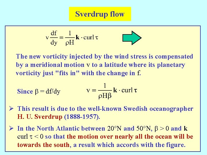 Sverdrup flow The new vorticity injected by the wind stress is compensated by a