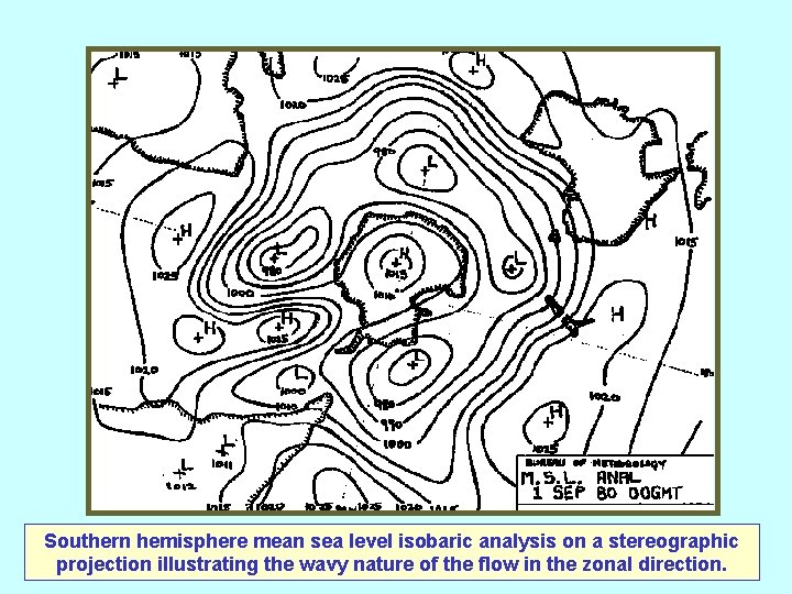 Southern hemisphere mean sea level isobaric analysis on a stereographic projection illustrating the wavy