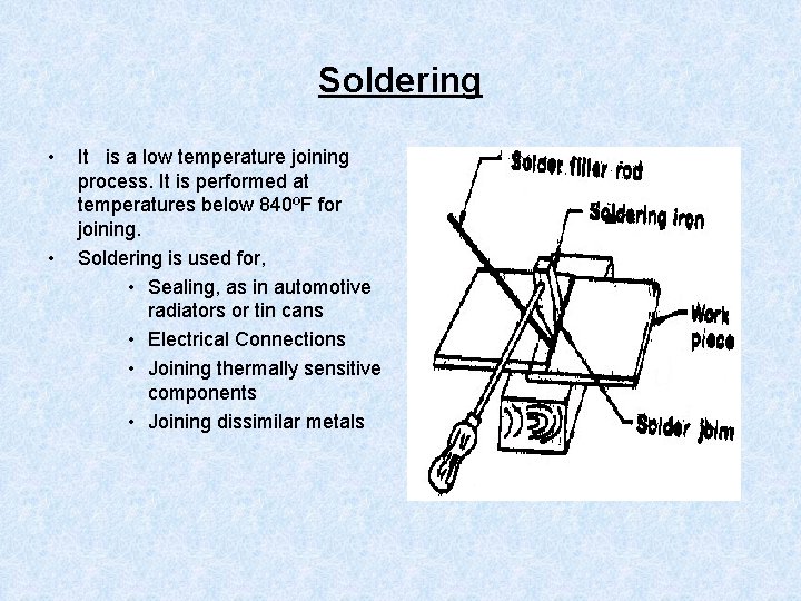 Soldering • • It is a low temperature joining process. It is performed at