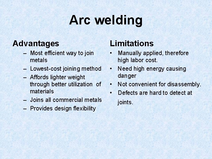 Arc welding Advantages – Most efficient way to join metals – Lowest-cost joining method