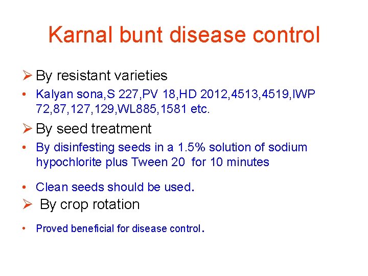 Karnal bunt disease control Ø By resistant varieties • Kalyan sona, S 227, PV