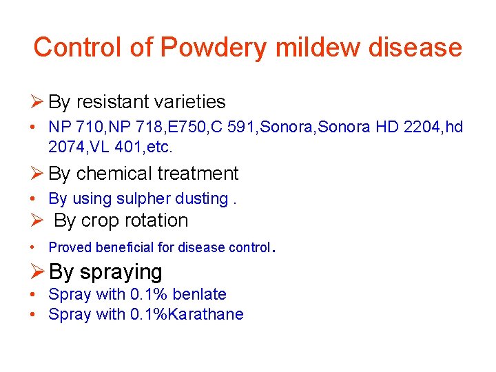 Control of Powdery mildew disease Ø By resistant varieties • NP 710, NP 718,