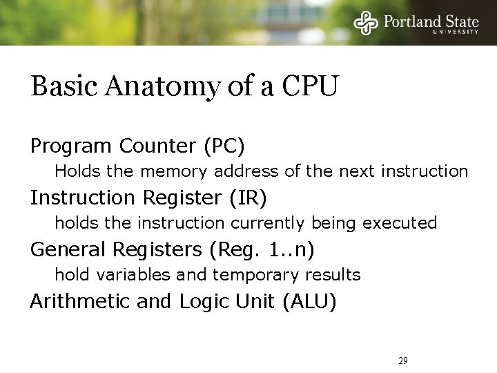 Basic Anatomy of a CPU Program Counter (PC) Holds the memory address of the