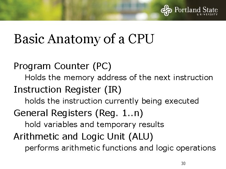 Basic Anatomy of a CPU Program Counter (PC) Holds the memory address of the