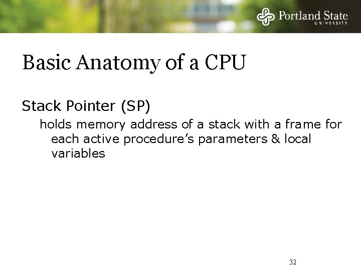 Basic Anatomy of a CPU Stack Pointer (SP) holds memory address of a stack