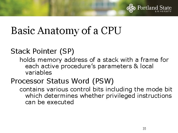 Basic Anatomy of a CPU Stack Pointer (SP) holds memory address of a stack