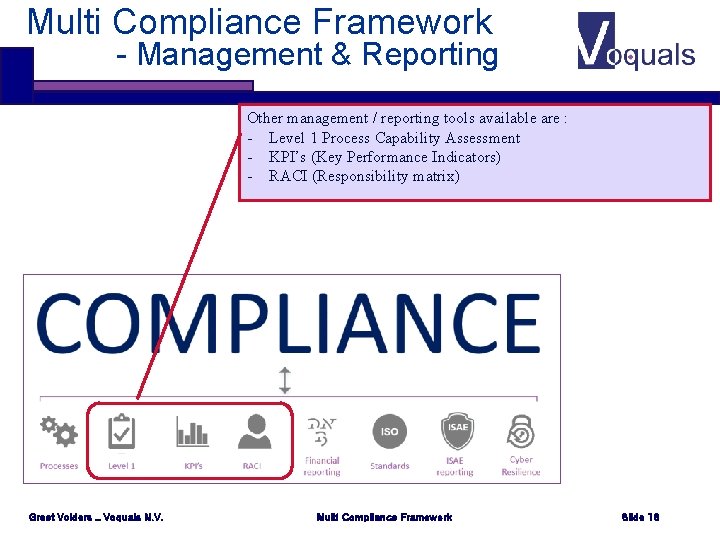 Multi Compliance Framework - Management & Reporting Other management / reporting tools available are