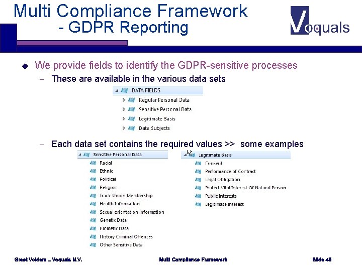 Multi Compliance Framework - GDPR Reporting u We provide fields to identify the GDPR-sensitive