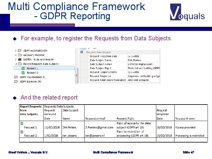 Multi Compliance Framework - GDPR Reporting u For example, to register the Requests from