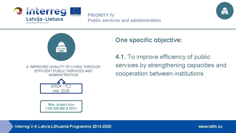 PRIORITY IV Public services and administration One specific objective: 4. IMPROVED QUALITY OF LIVING