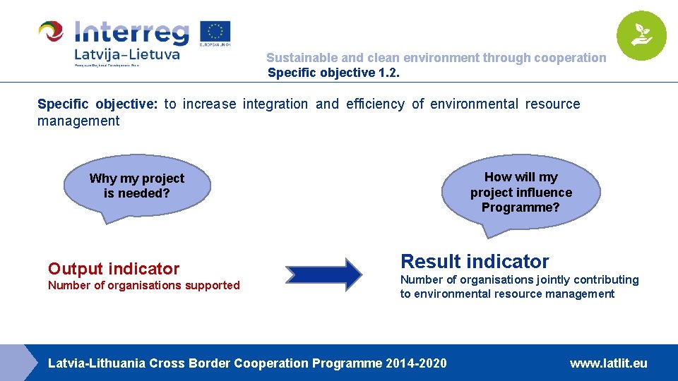 Sustainable and clean environment through cooperation Specific objective 1. 2. Specific objective: to increase