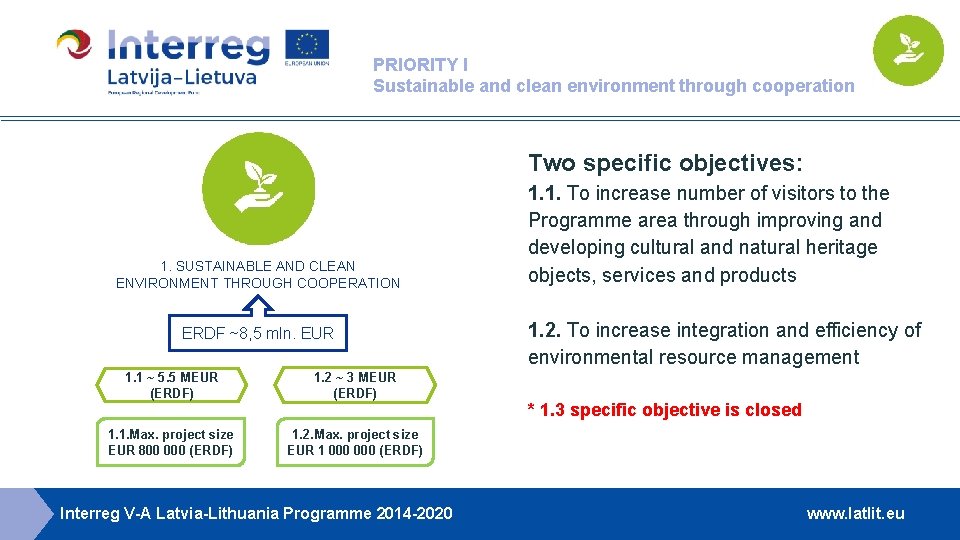 PRIORITY I Sustainable and clean environment through cooperation Two specific objectives: 1. SUSTAINABLE AND