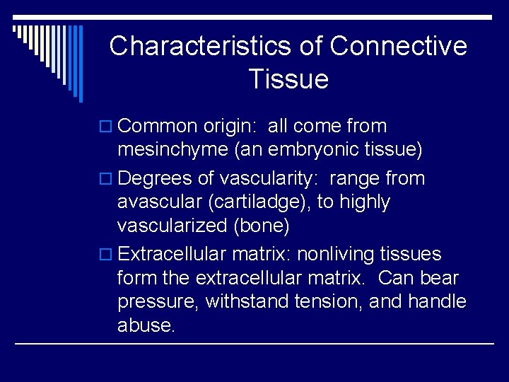 Characteristics of Connective Tissue o Common origin: all come from mesinchyme (an embryonic tissue)
