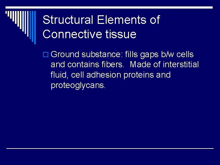 Structural Elements of Connective tissue o Ground substance: fills gaps b/w cells and contains