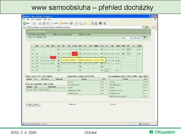 www samoobsluha – přehled docházky ISSS, 3. 4. 2006 OKbase 