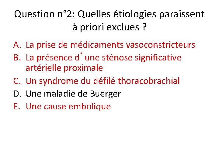 Question n° 2: Quelles étiologies paraissent à priori exclues ? A. La prise de