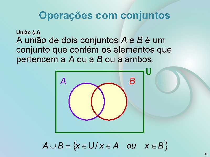 Operações com conjuntos União ( ) A união de dois conjuntos A e B