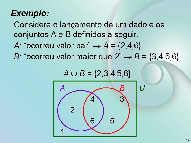 Exemplo: Considere o lançamento de um dado e os conjuntos A e B definidos