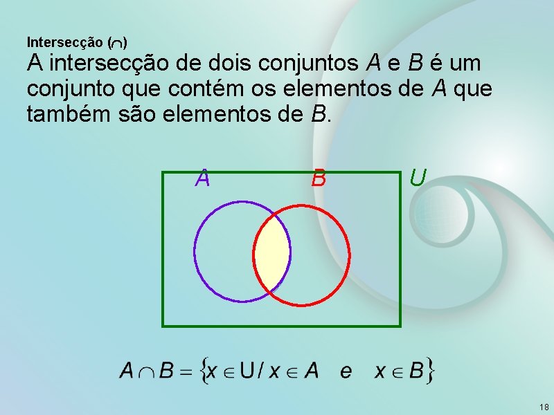Intersecção ( ) A intersecção de dois conjuntos A e B é um conjunto