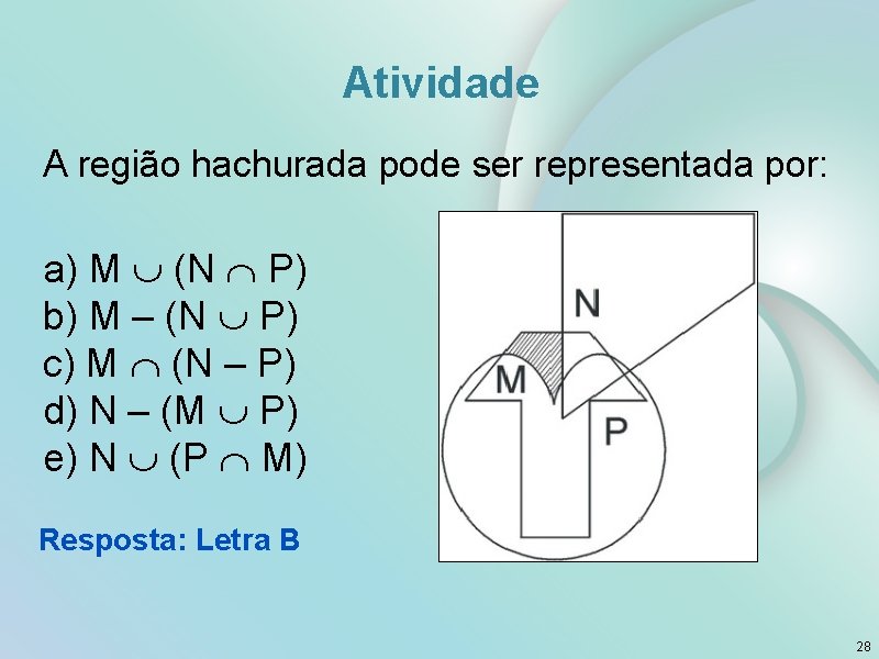 Atividade A região hachurada pode ser representada por: a) M (N P) b) M