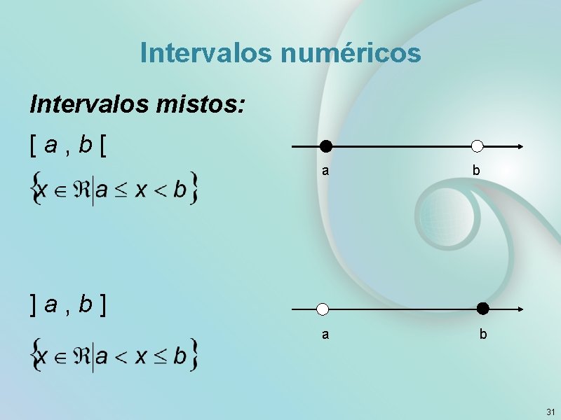 Intervalos numéricos Intervalos mistos: [ a , b [ a b ] a ,