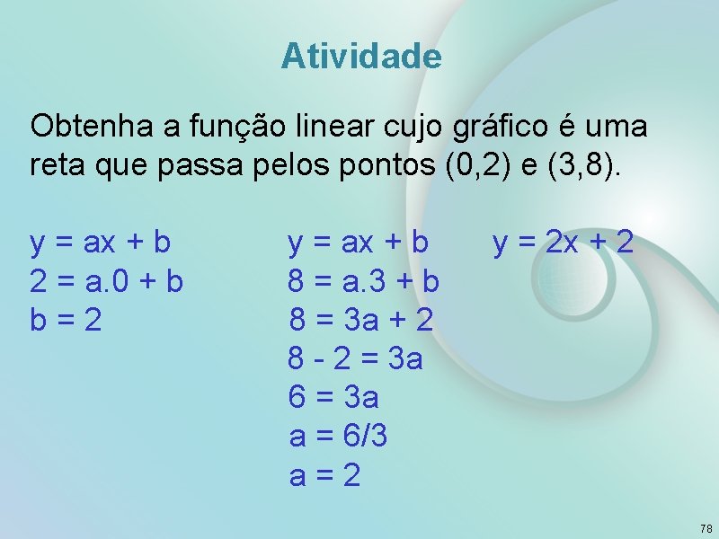 Atividade Obtenha a função linear cujo gráfico é uma reta que passa pelos pontos