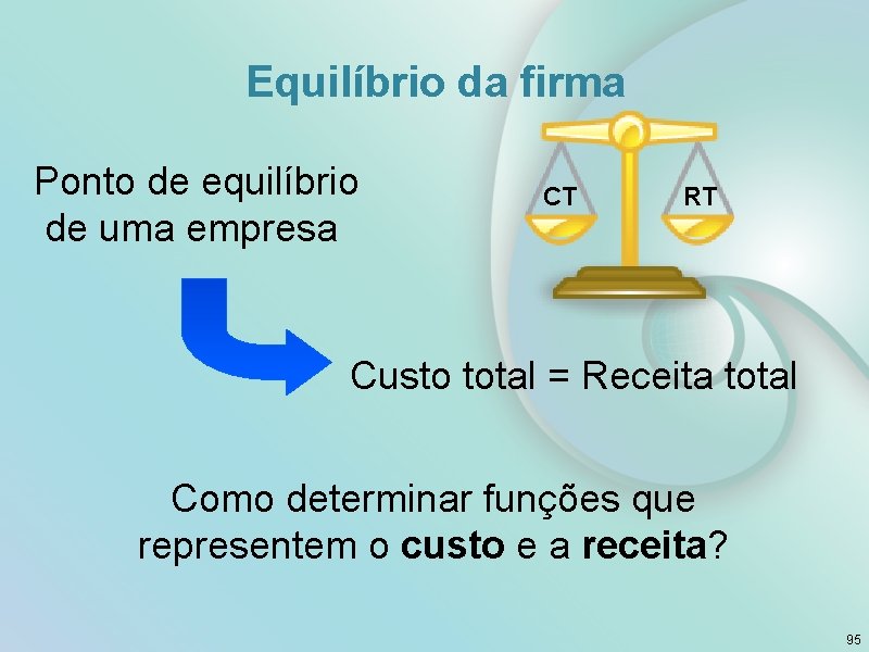 Equilíbrio da firma Ponto de equilíbrio de uma empresa CT RT Custo total =