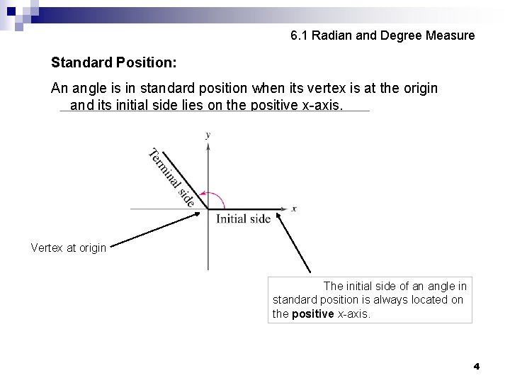 6. 1 Radian and Degree Measure Standard Position: An angle is in standard position