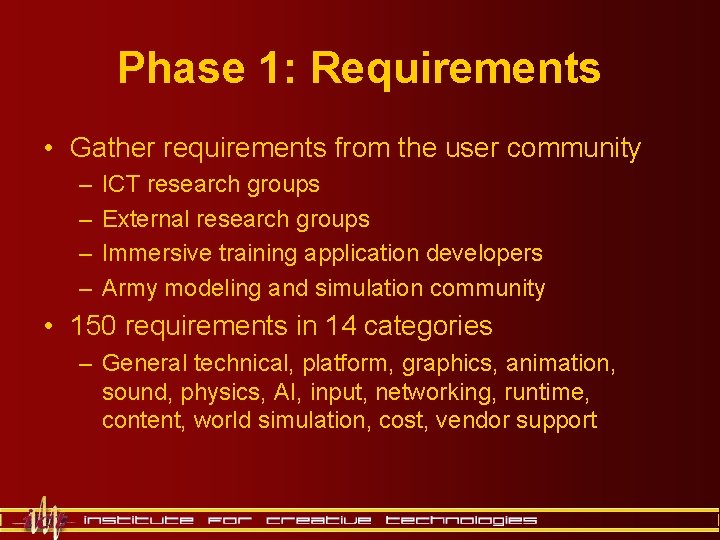 Phase 1: Requirements • Gather requirements from the user community – – ICT research Phase 1: Requirements • Gather requirements from the user community – – ICT research