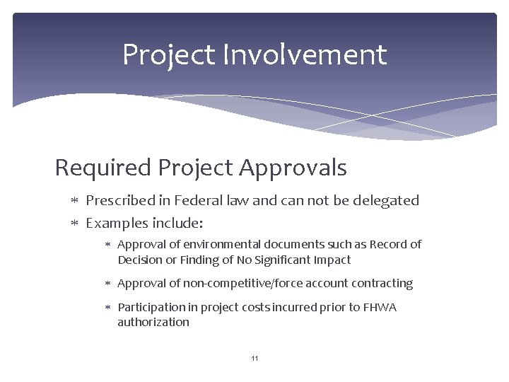 Project Involvement Required Project Approvals Prescribed in Federal law and can not be delegated