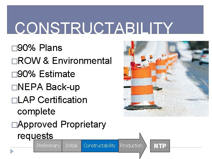 CONSTRUCTABILITY � 90% Plans �ROW & Environmental � 90% Estimate �NEPA Back-up �LAP Certification