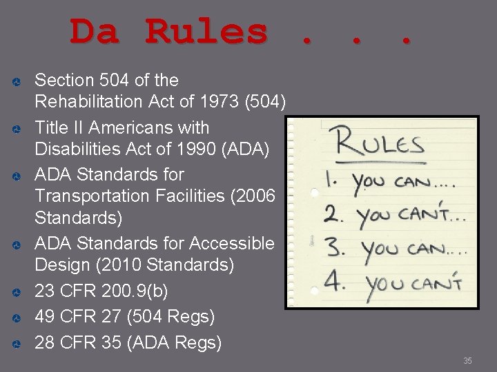 Da Rules. . . Section 504 of the Rehabilitation Act of 1973 (504) Title