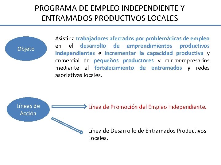 PROGRAMA DE EMPLEO INDEPENDIENTE Y ENTRAMADOS PRODUCTIVOS LOCALES Objeto Líneas de Acción Asistir a PROGRAMA DE EMPLEO INDEPENDIENTE Y ENTRAMADOS PRODUCTIVOS LOCALES Objeto Líneas de Acción Asistir a