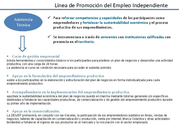 Línea de Promoción del Empleo Independiente Asistencia Técnica ü Para reforzar competencias y capacidades Línea de Promoción del Empleo Independiente Asistencia Técnica ü Para reforzar competencias y capacidades