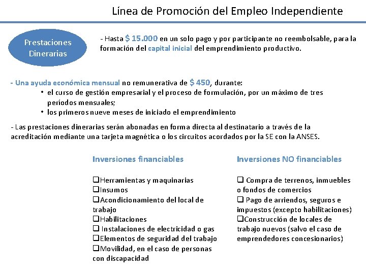 Línea de Promoción del Empleo Independiente Prestaciones Dinerarias - Hasta $ 15. 000 en Línea de Promoción del Empleo Independiente Prestaciones Dinerarias - Hasta $ 15. 000 en