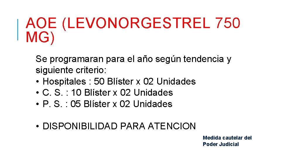 AOE (LEVONORGESTREL 750 MG) Se programaran para el año según tendencia y siguiente criterio: