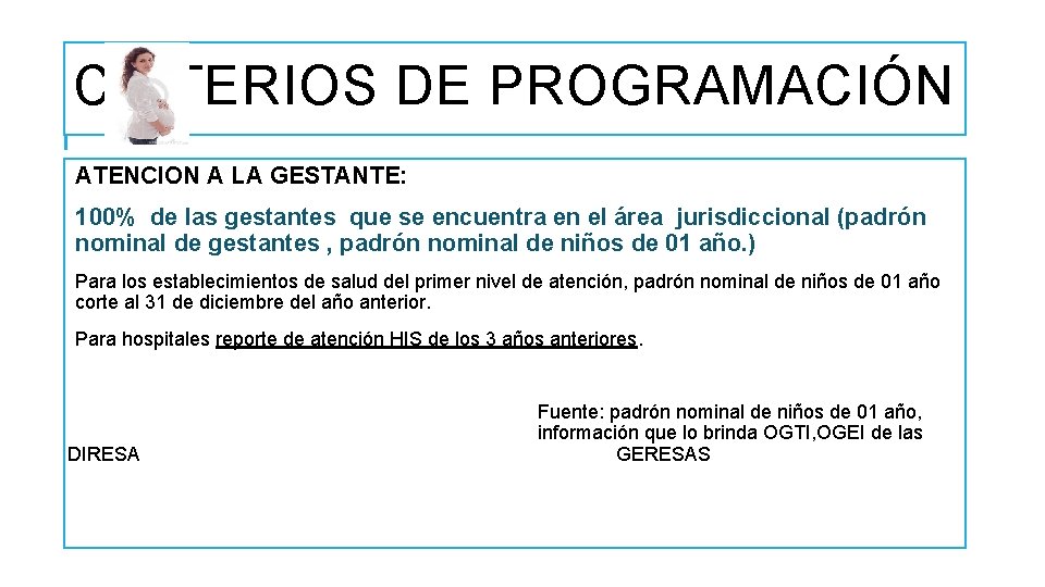 CRITERIOS DE PROGRAMACIÓN ATENCION A LA GESTANTE: 100% de las gestantes que se encuentra