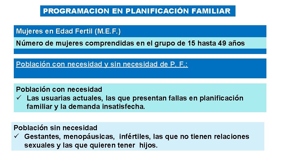 PROGRAMACION EN PLANIFICACIÓN FAMILIAR Mujeres en Edad Fertil (M. E. F. ) Número de