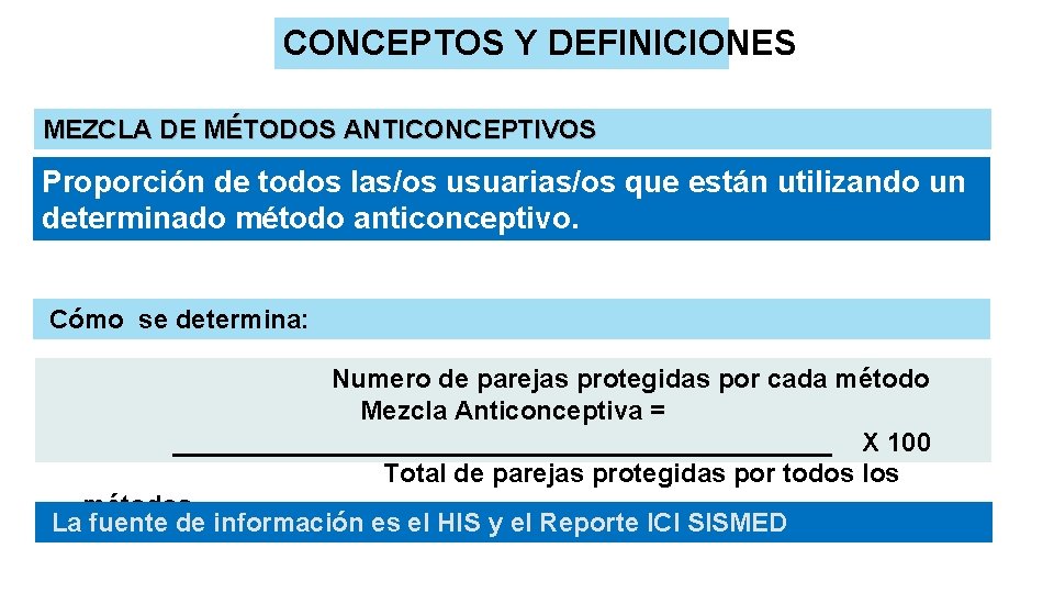 CONCEPTOS Y DEFINICIONES MEZCLA DE MÉTODOS ANTICONCEPTIVOS Proporción de todos las/os usuarias/os que están