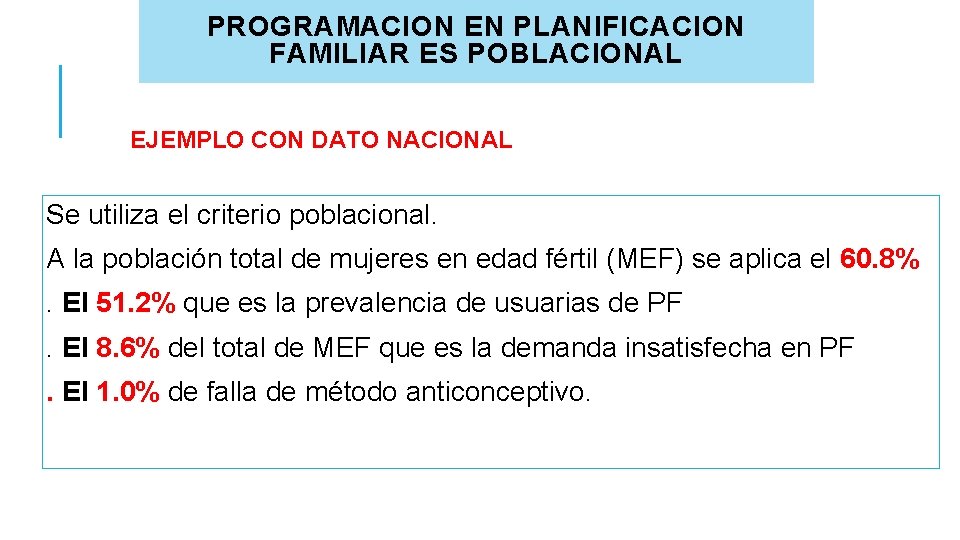 PROGRAMACION EN PLANIFICACION FAMILIAR ES POBLACIONAL EJEMPLO CON DATO NACIONAL Se utiliza el criterio