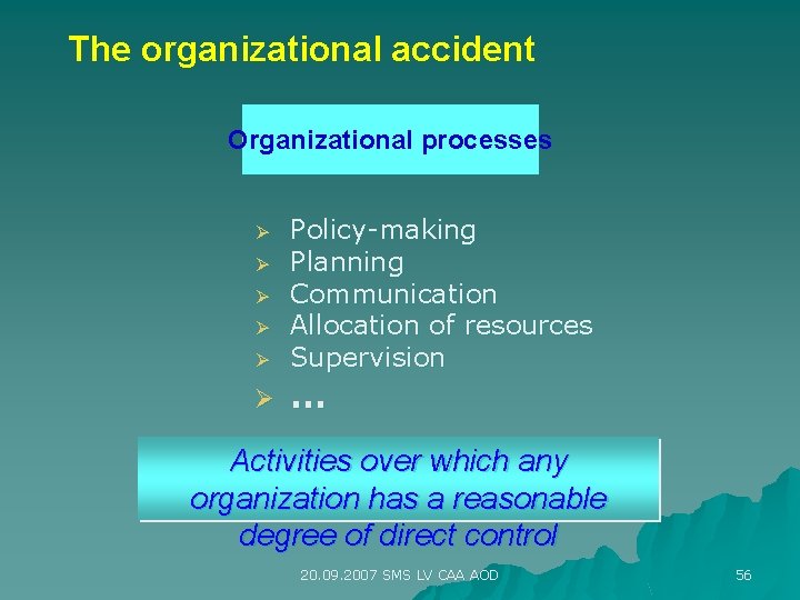 The organizational accident Organizational processes Ø Ø Ø Policy-making Planning Communication Allocation of resources